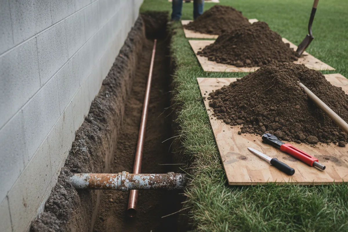 Excavated water line trench during Water Softener Installation in Husser